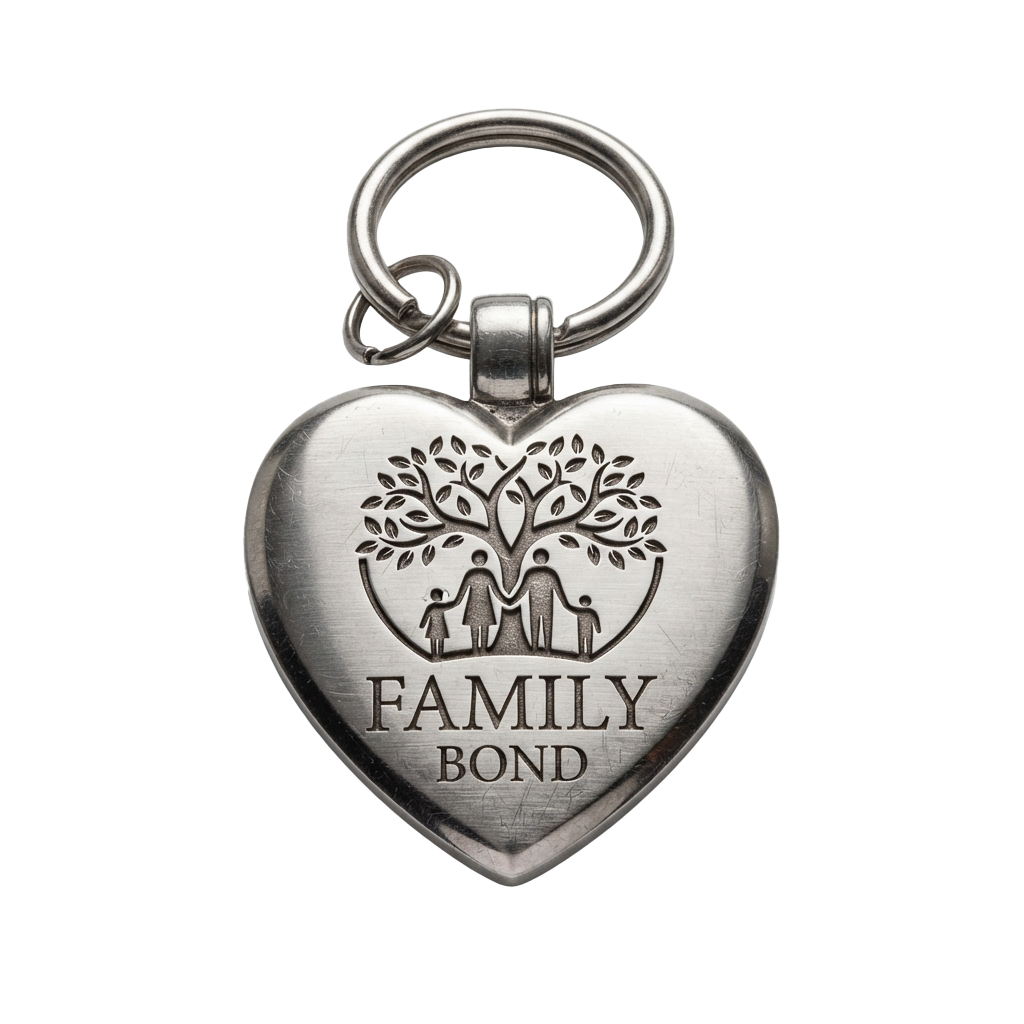 Heart-shaped keychain with engraved tree, family silhouettes, and the words Family Bond