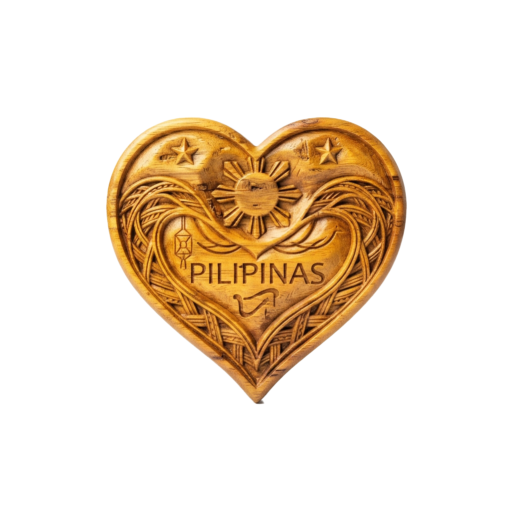 Heart-shaped gold-colored metal emblem with intricate designs and the word Pilipinas