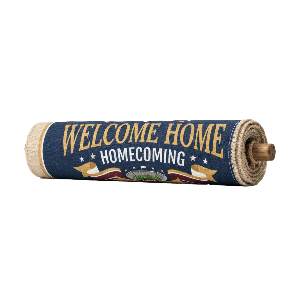 Blue towel roll with Welcome Home Homecoming text and football graphic