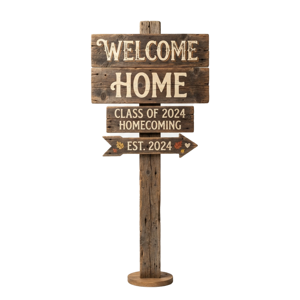 Rustic wooden sign welcoming the Class of 2024 Homecoming with autumn leaf icons and directional arrows