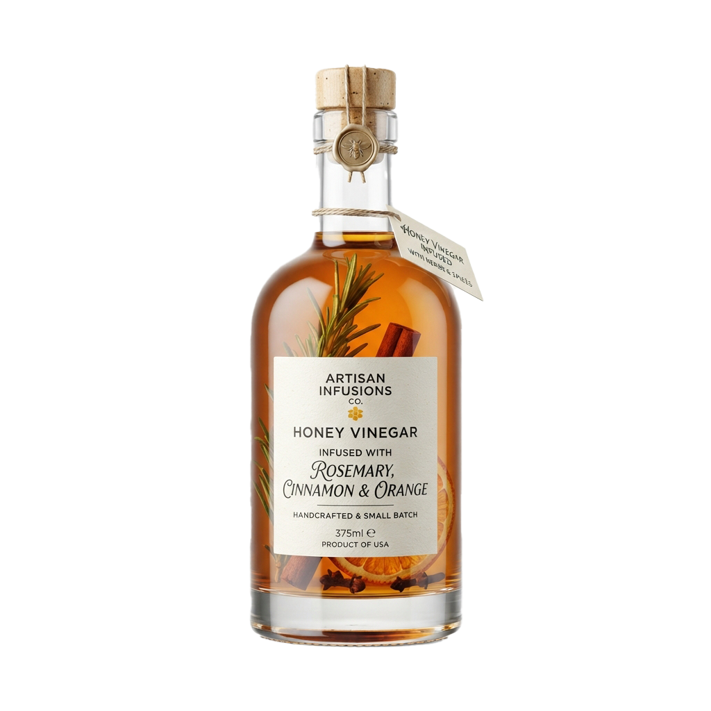 Glass bottle of honey vinegar infused with rosemary, cinnamon, and orange, labeled as handcrafted and small batch product