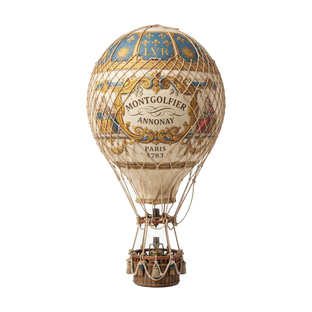 Decorative model of an ornate hot air balloon with intricate gold designs and the text Montgolfier Annonay Paris 1783