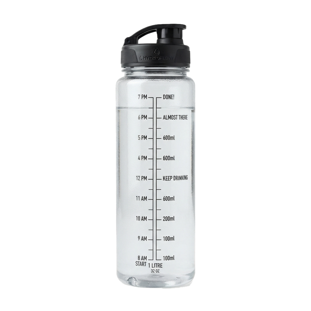 Clear water bottle with time-based measurement markings for tracking daily hydration goals