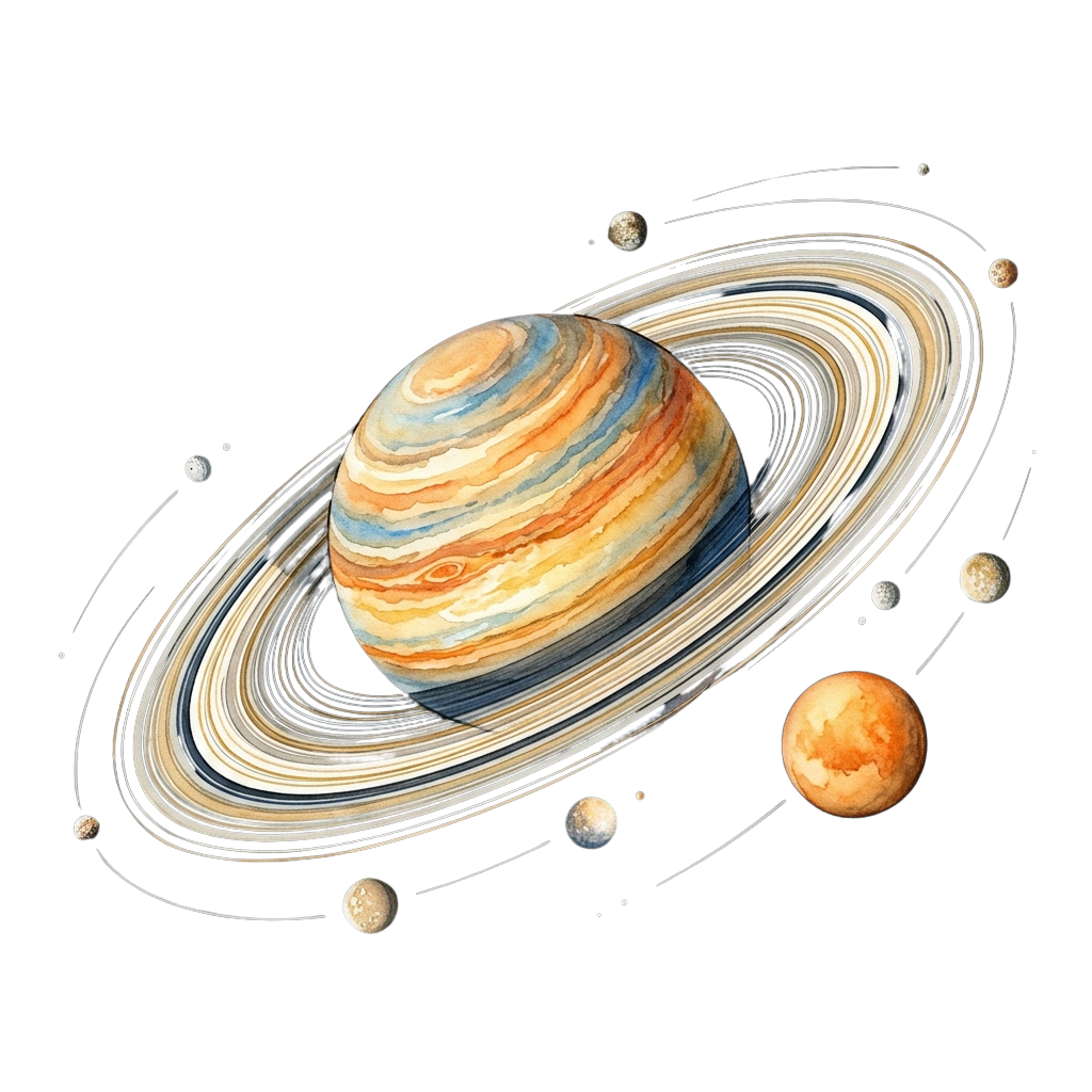 Illustration of Saturn with its rings and several moons orbiting around it.