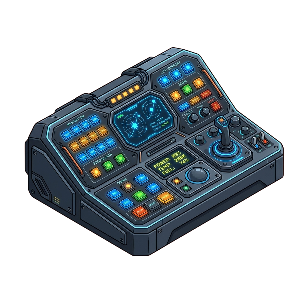 Illustration of a futuristic control panel with navigation, propulsion, life support, and communication buttons, joystick, and digital display.