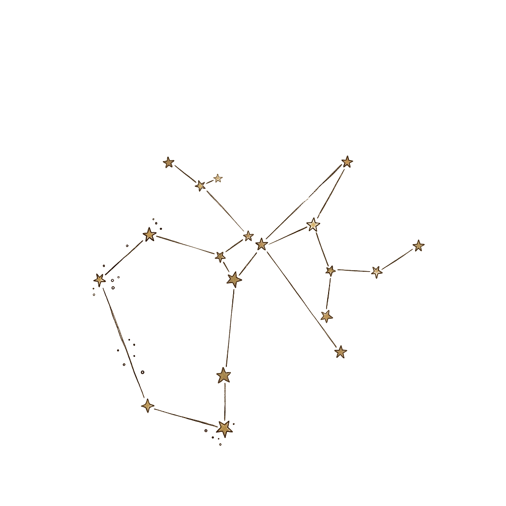 Illustration of the Orion and Taurus constellations with connected stars on a black background