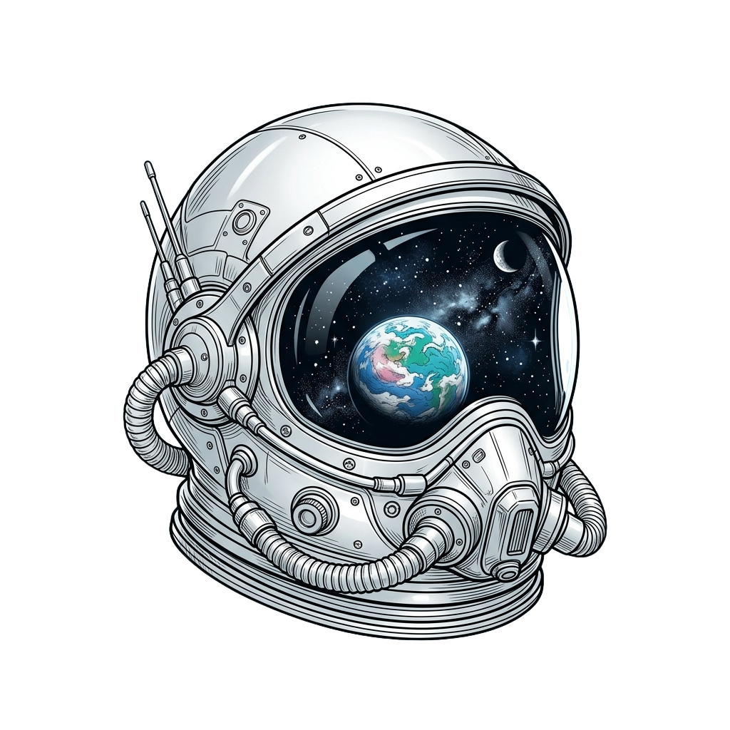 Illustration of an astronaut helmet with Earth visible through the visor against a starry space background