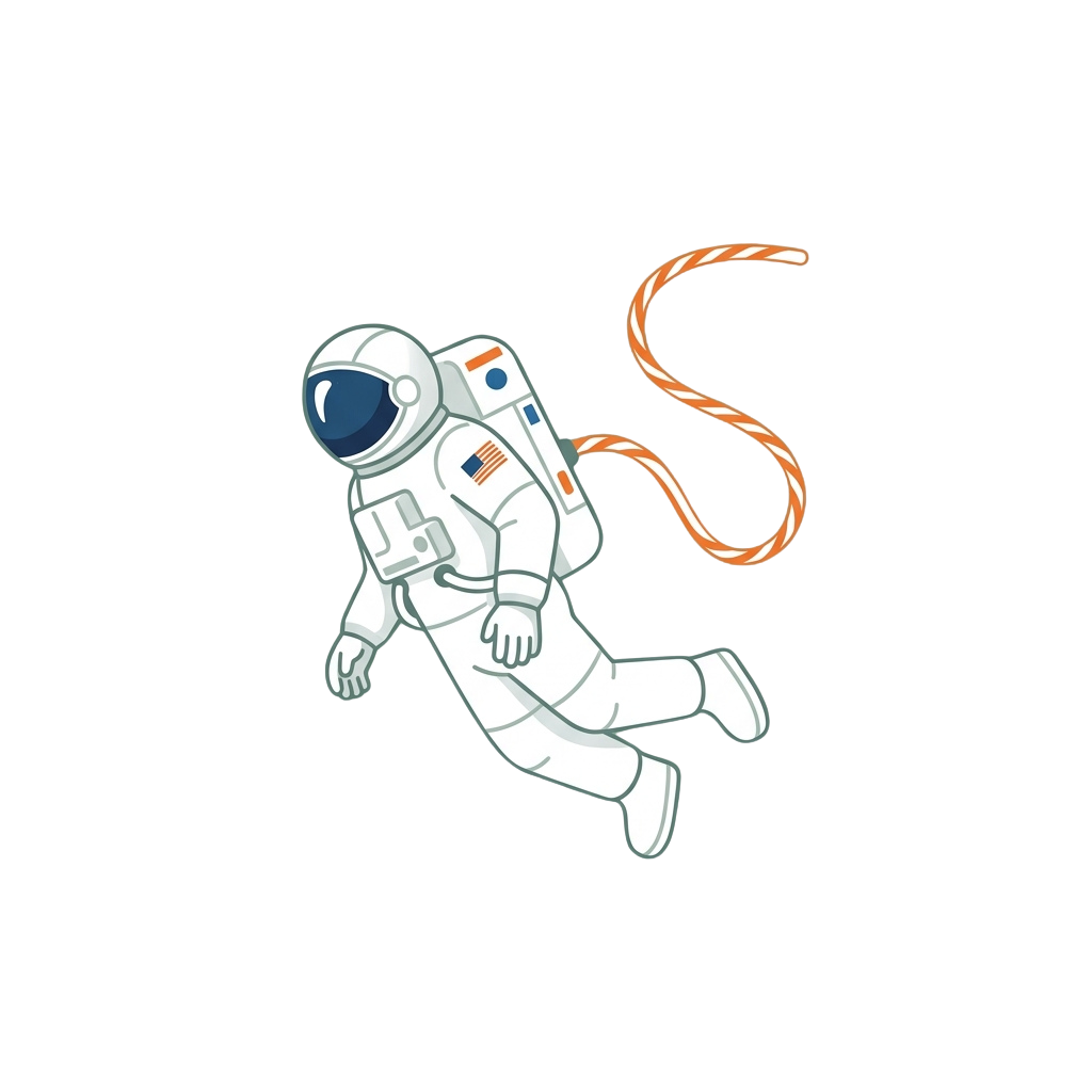 Astronaut in white spacesuit floating in space with an orange tether line attached to their suit