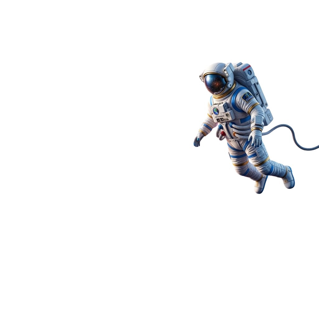 An astronaut in a white spacesuit floating in space with a tether line attached.
