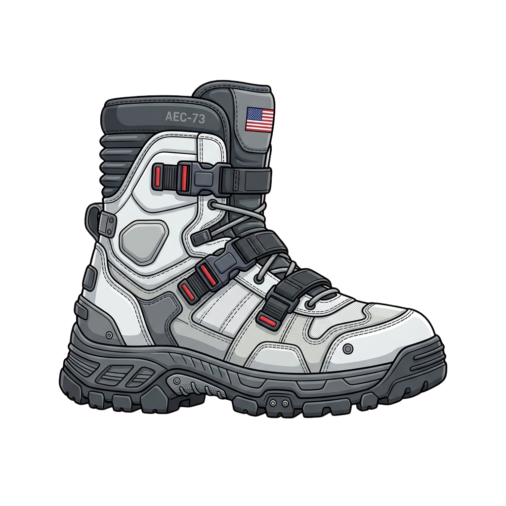 Illustration of a futuristic space-themed hiking boot featuring a US flag patch on the tongue and multiple straps for secure fit