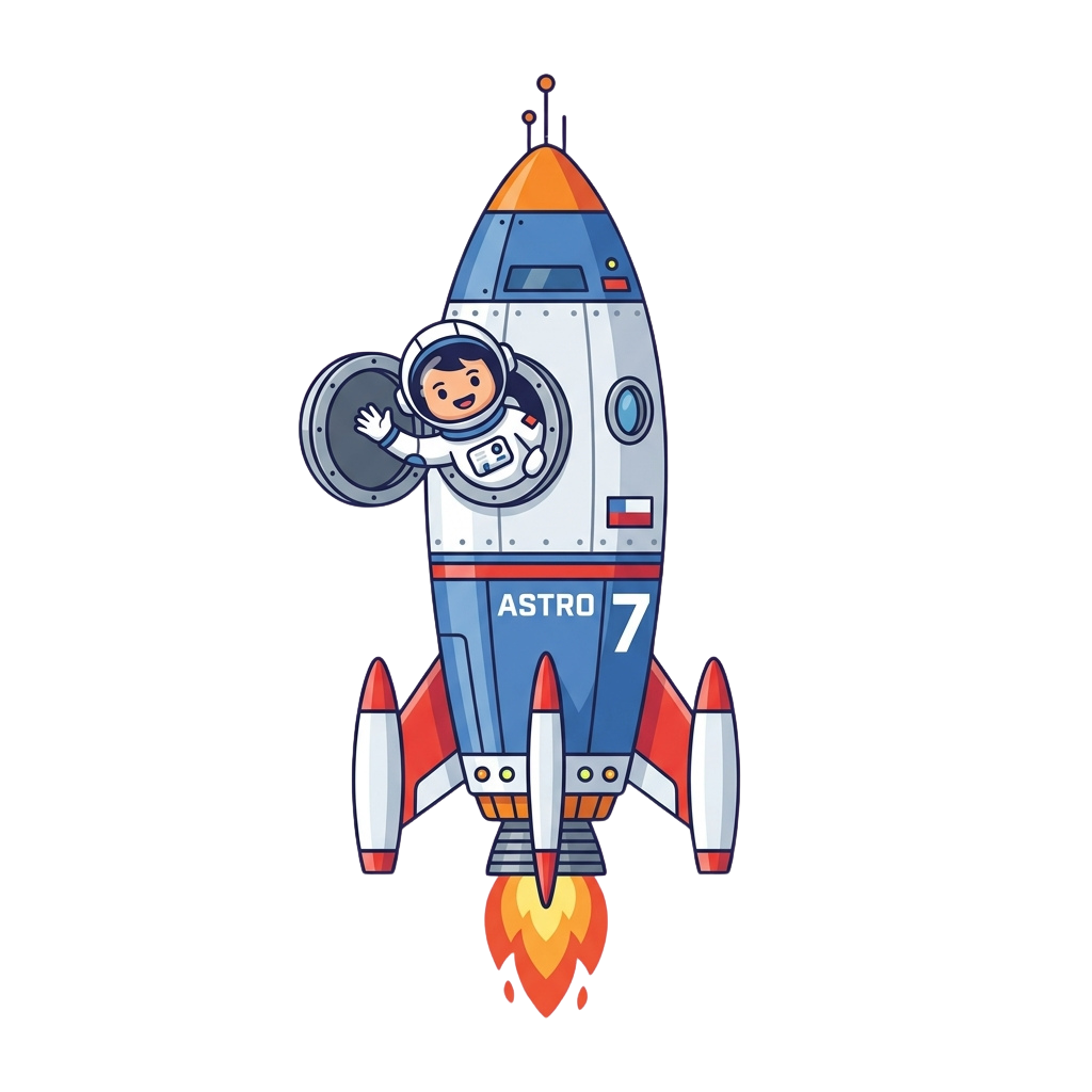 A smiling cartoon astronaut in a spacesuit waves from a blue and white rocket labeled Astro 7 with red and orange flames at the base.
