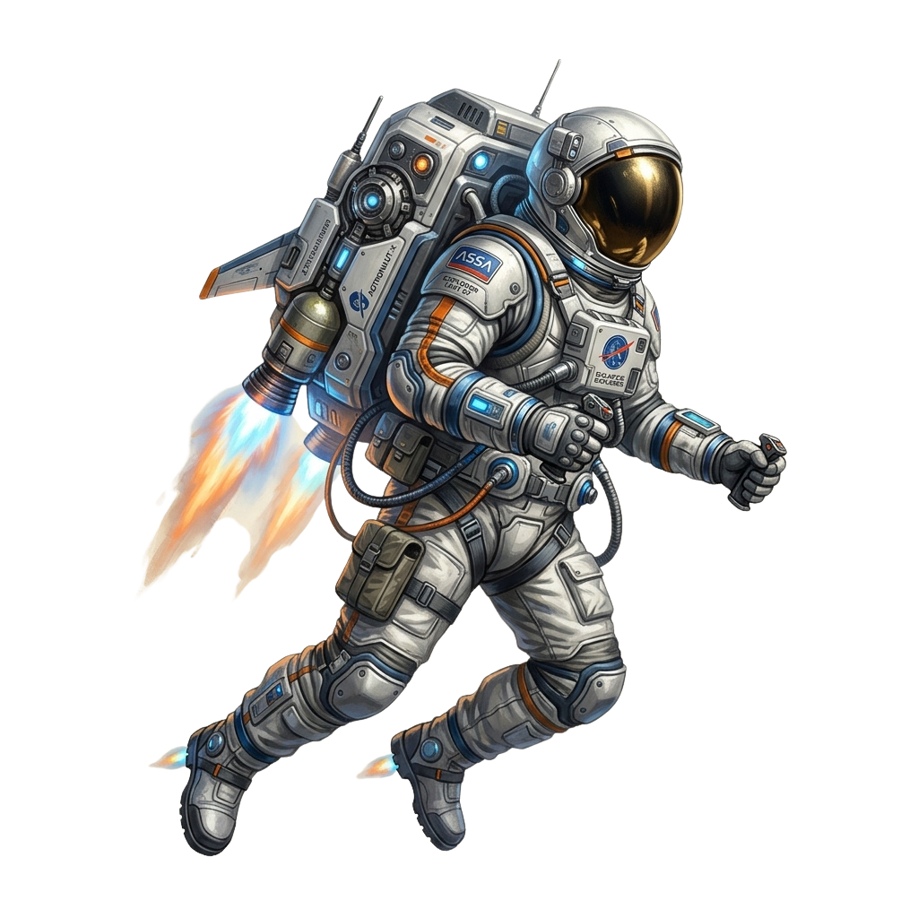 Illustration of an astronaut in a detailed space suit with jetpack and flames shooting from the boots
