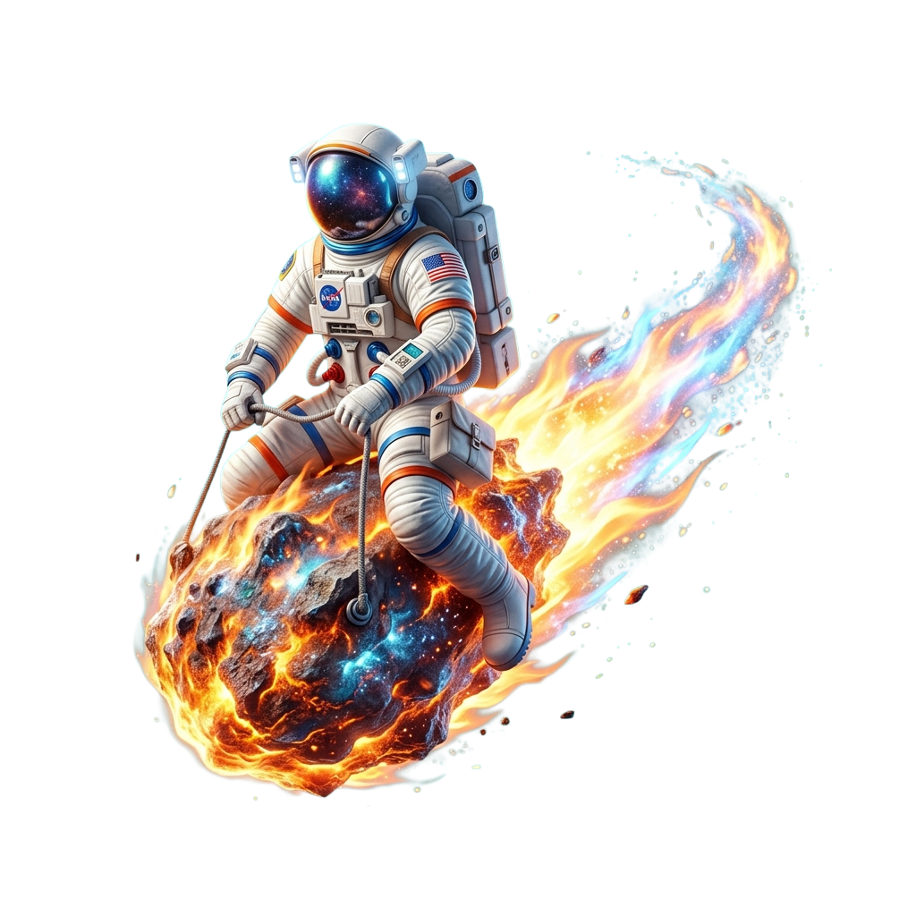 An astronaut in a spacesuit riding a fiery comet with glowing blue and orange flames trailing behind