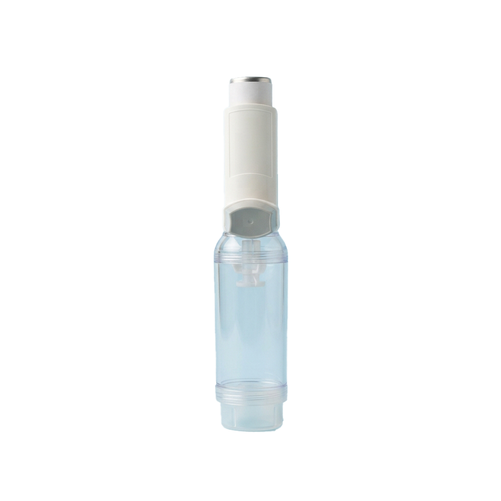 A clear plastic water filter faucet aerator with a white cap and base attachment
