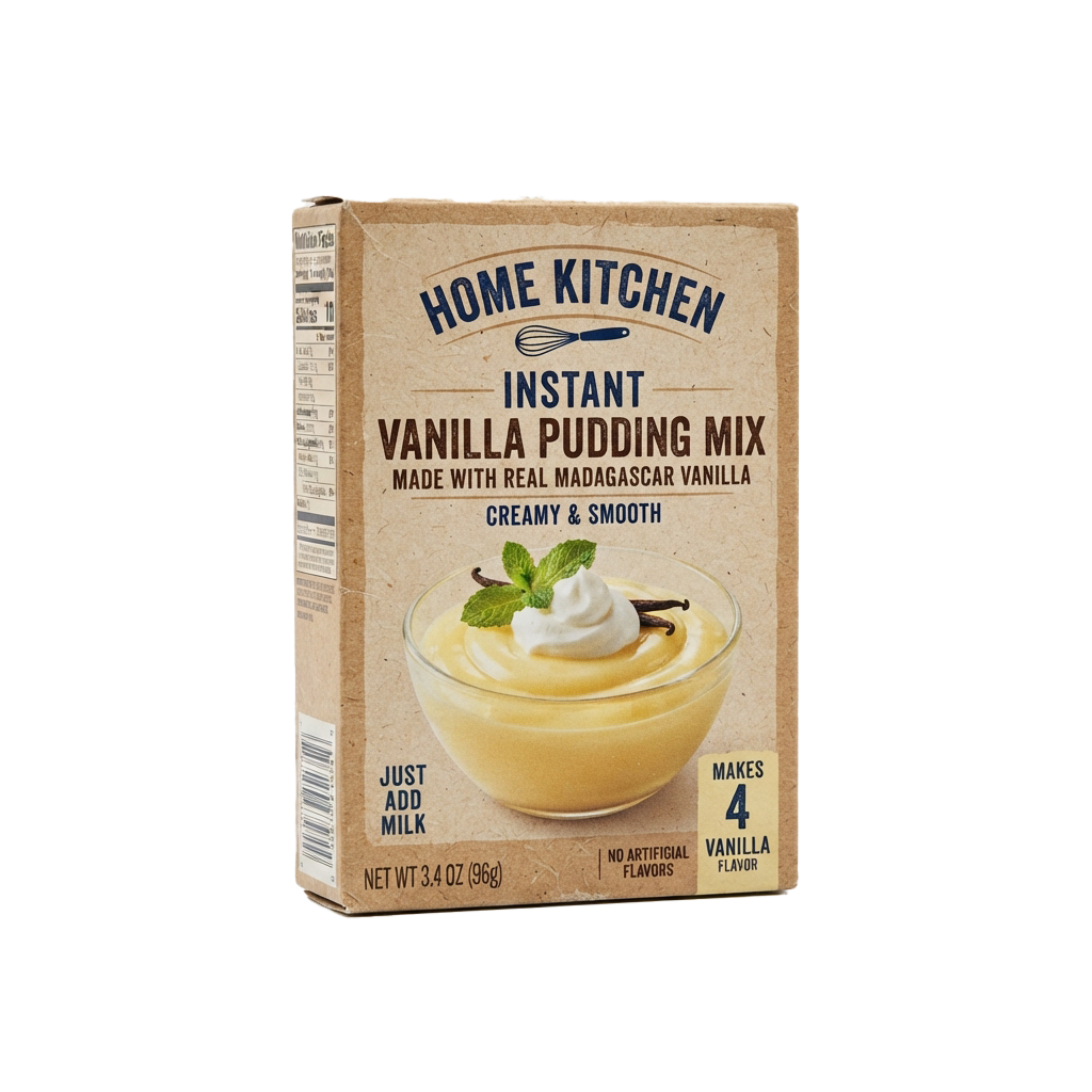 Box of instant vanilla pudding mix showing a serving of creamy pudding with whipped cream and mint garnish