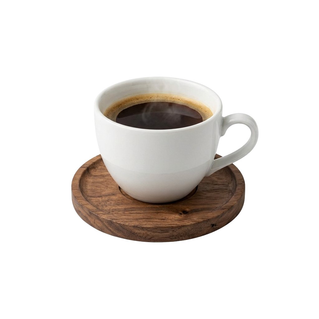 A white ceramic coffee cup filled with black coffee placed on a wooden coaster