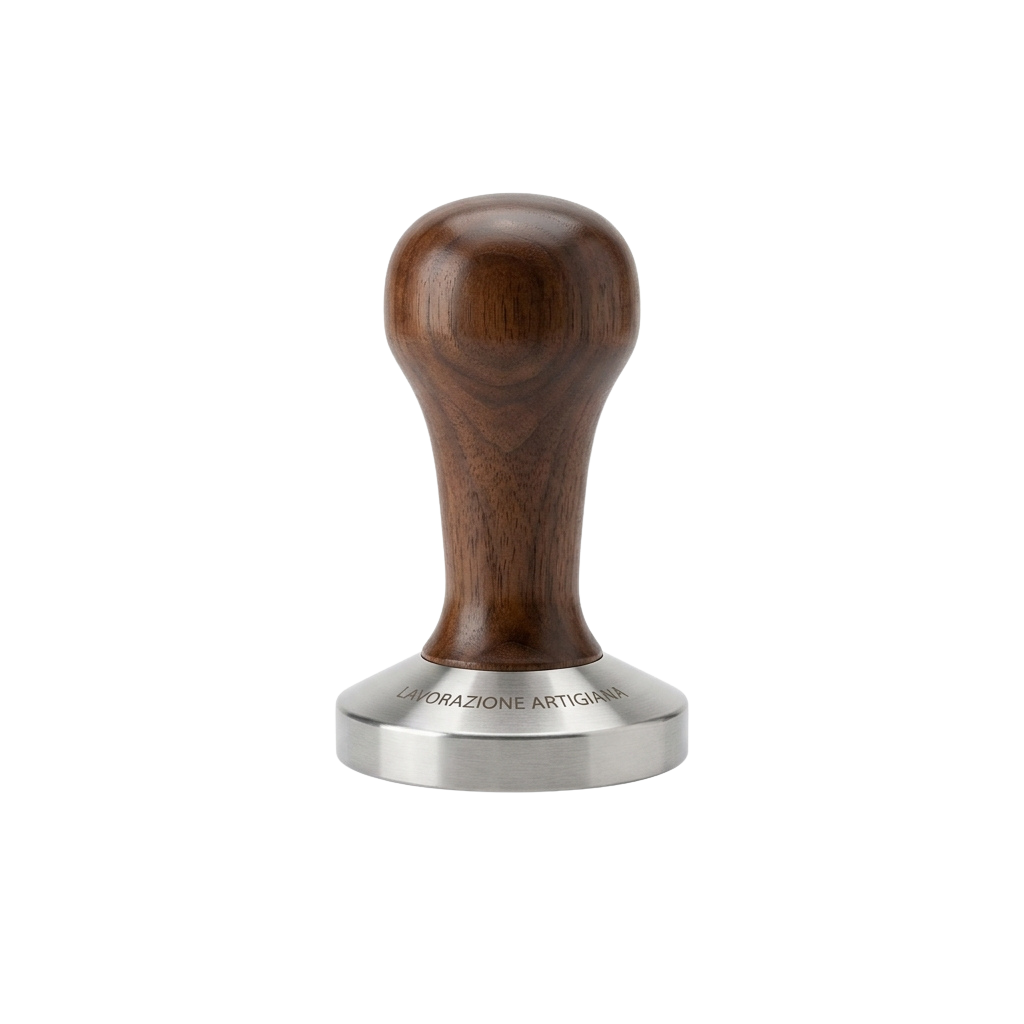 A wooden-handled tamper evident seal with a metallic base and Italian text reading Lavorazione Artigianale