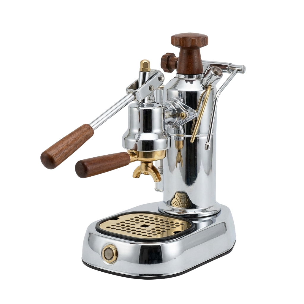 Classic espresso machine with polished metal body and wooden handles on a base with a steam wand and shower screen