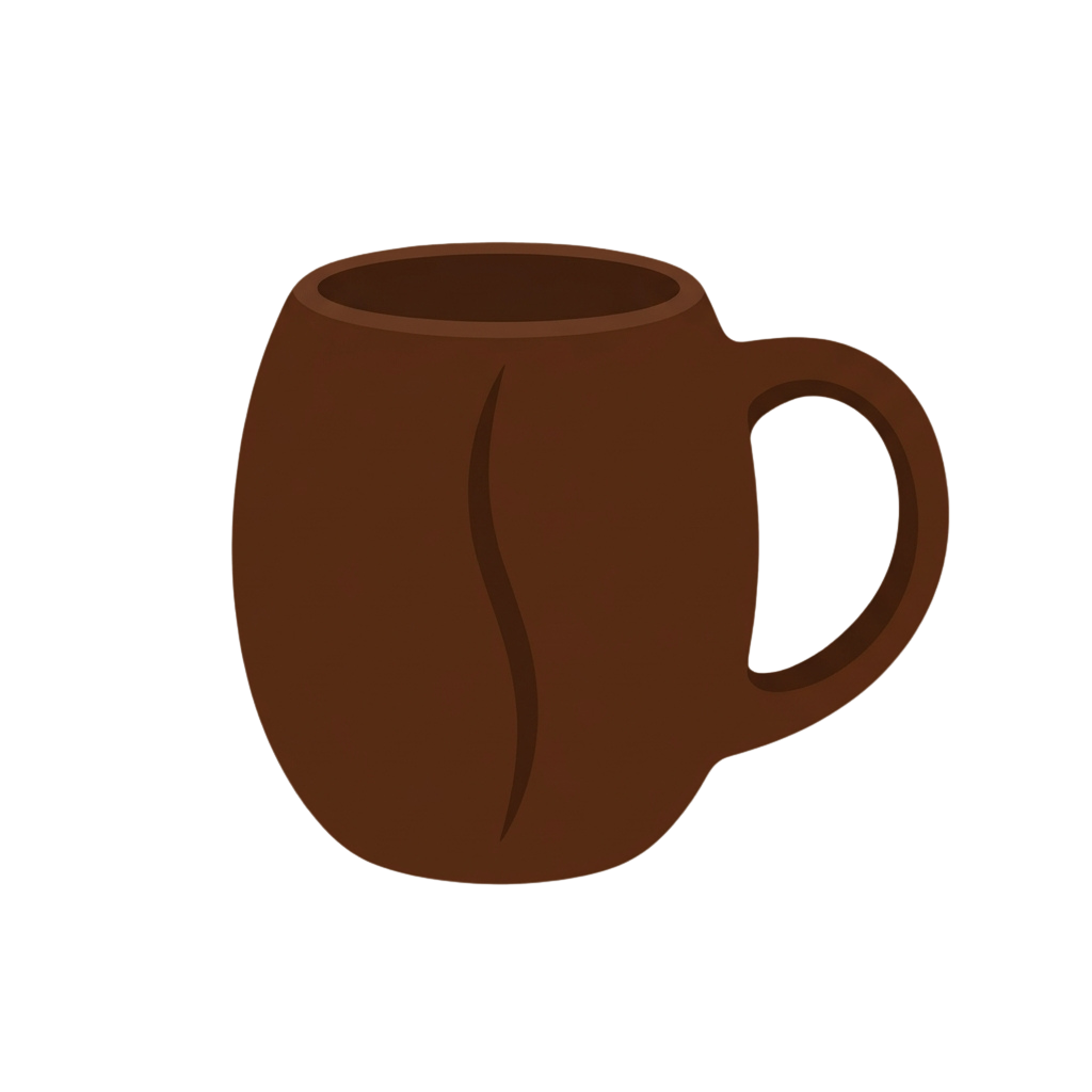 A brown ceramic mug with a handle and a curved design on its side