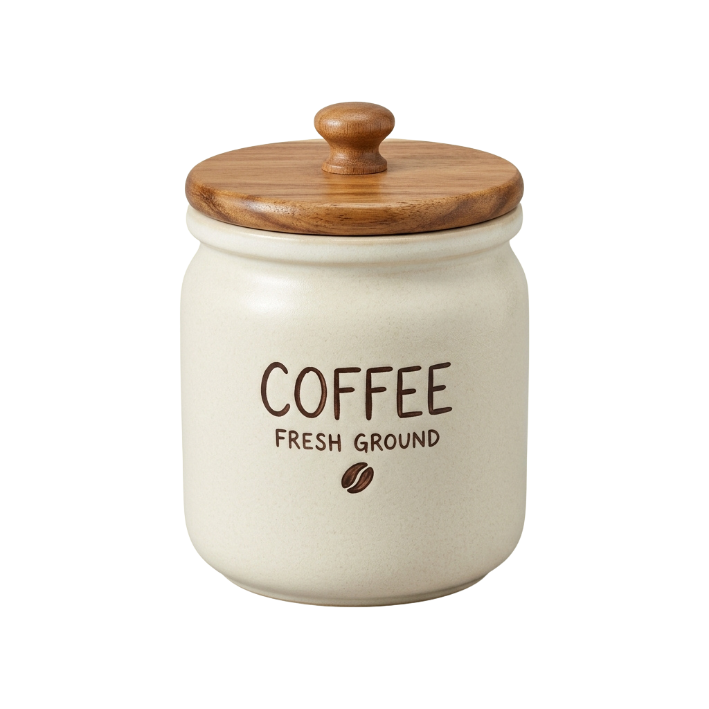 Ceramic jar with wooden lid labeled Fresh Ground Coffee