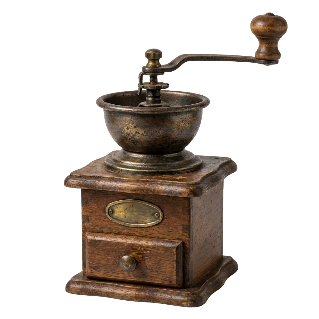 A vintage-style coffee grinder with a wooden base and metal grinding mechanism, featuring a wooden handle and crank
