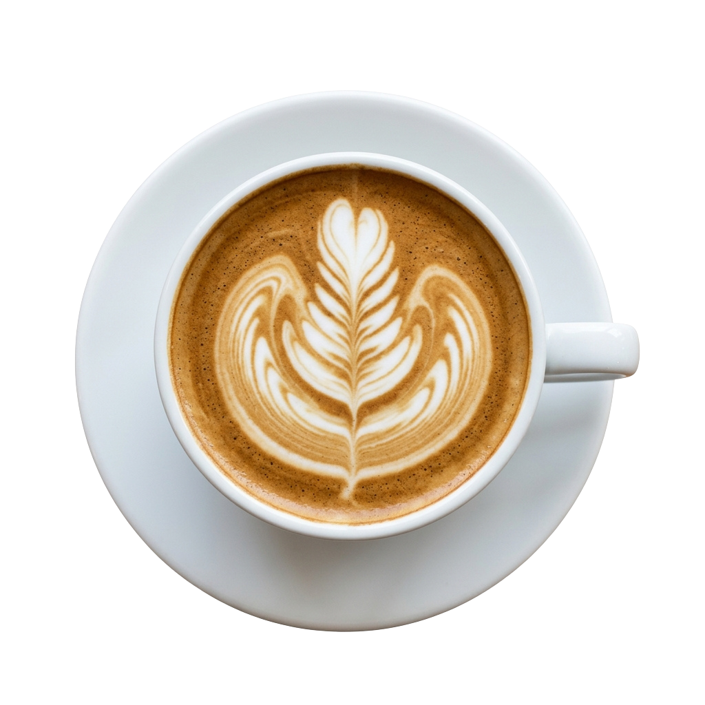 White cup with saucer containing latte topped with leaf-shaped latte art