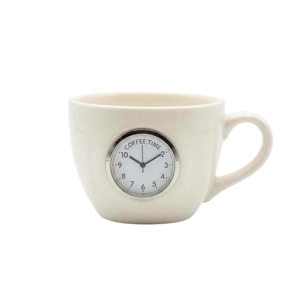White ceramic mug-shaped wall clock with the words Coffee Time and analog clock face