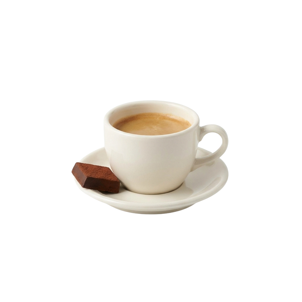 A white ceramic cup filled with latte, placed on a matching saucer with a chocolate square beside it