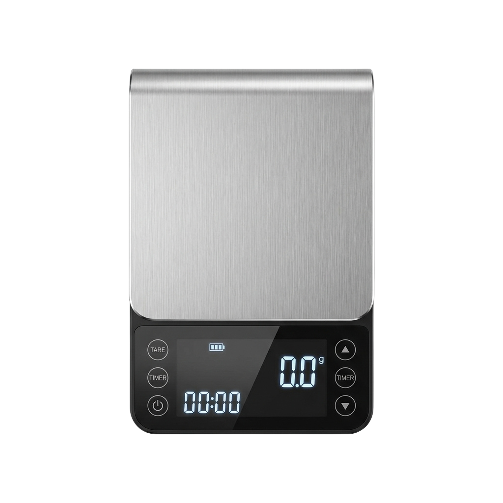 Modern digital kitchen scale showing 0.0 grams and 00:00 timer with tare and timer buttons