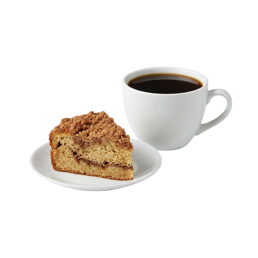 A white mug filled with black coffee next to a slice of caramel cake on a white plate