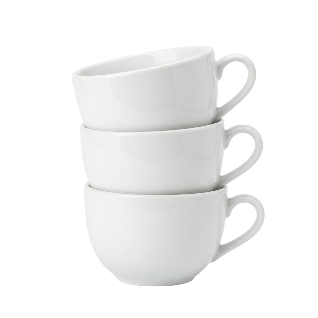 Three white ceramic mugs with handles stacked vertically against a black background