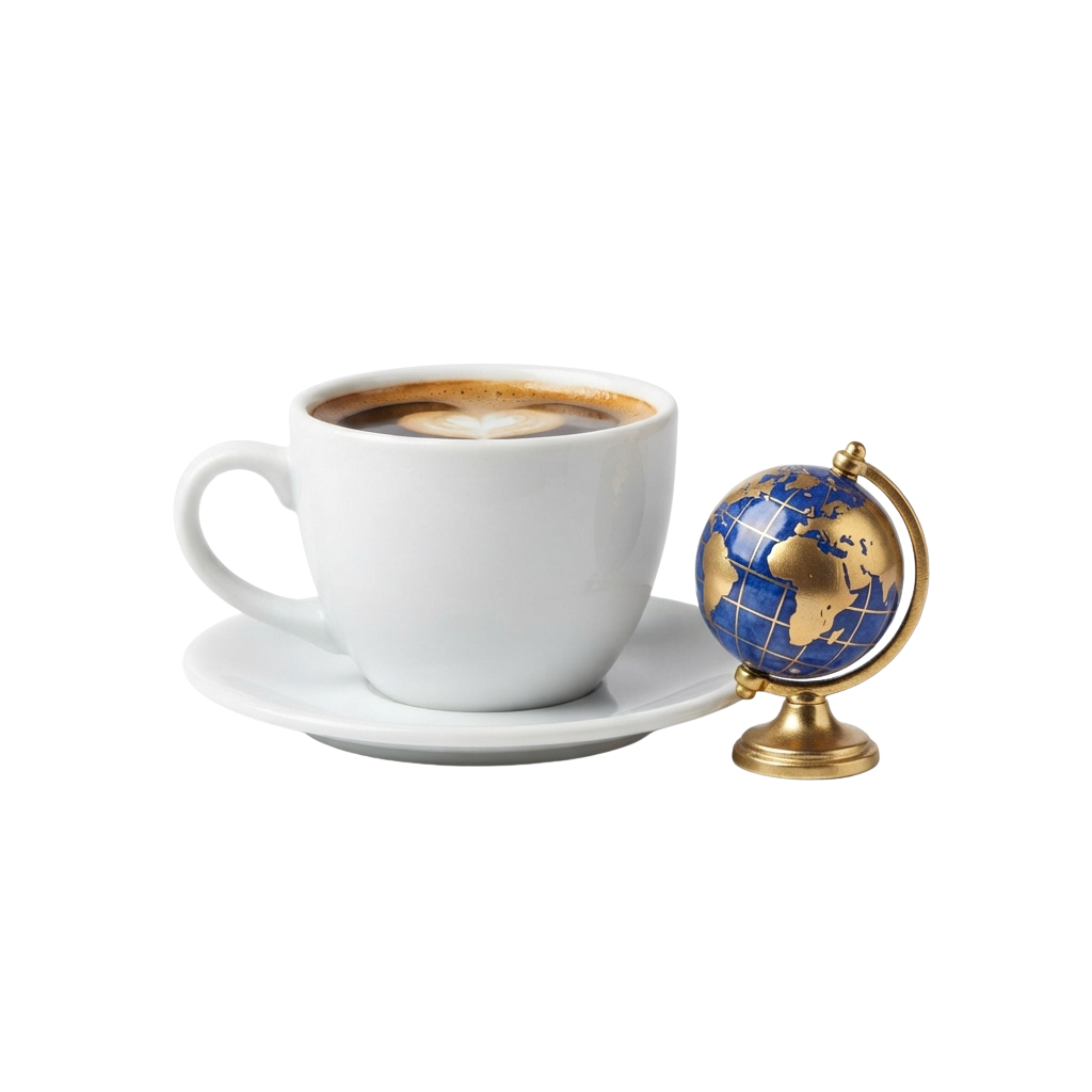 A white coffee cup with steamy latte on a saucer next to a small golden globe on a stand