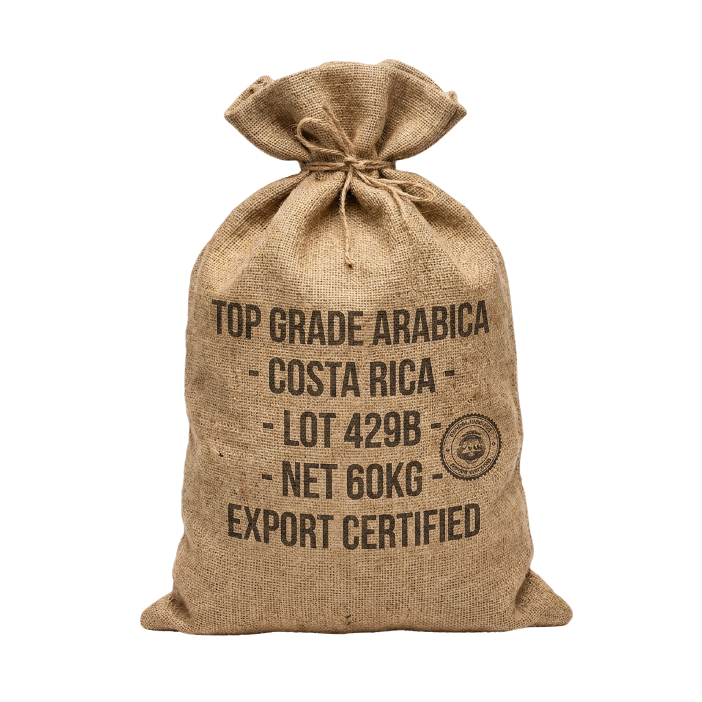 Burlap sack labeled Top Grade Arabica Costa Rica coffee, 60kg net weight, export certified