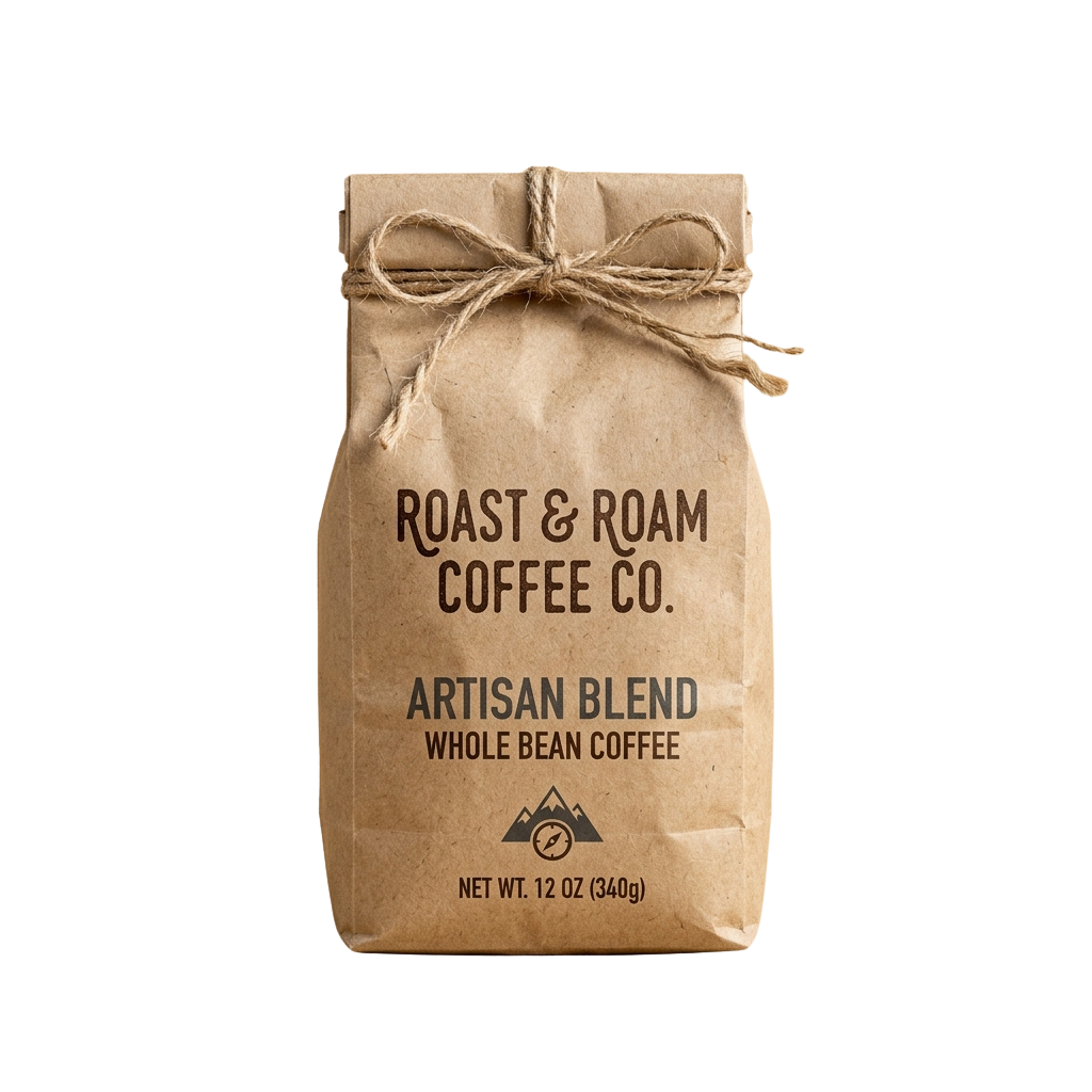 Brown kraft paper bag of whole bean artisan blend coffee tied with twine, labeled Roast & Roam Coffee Co