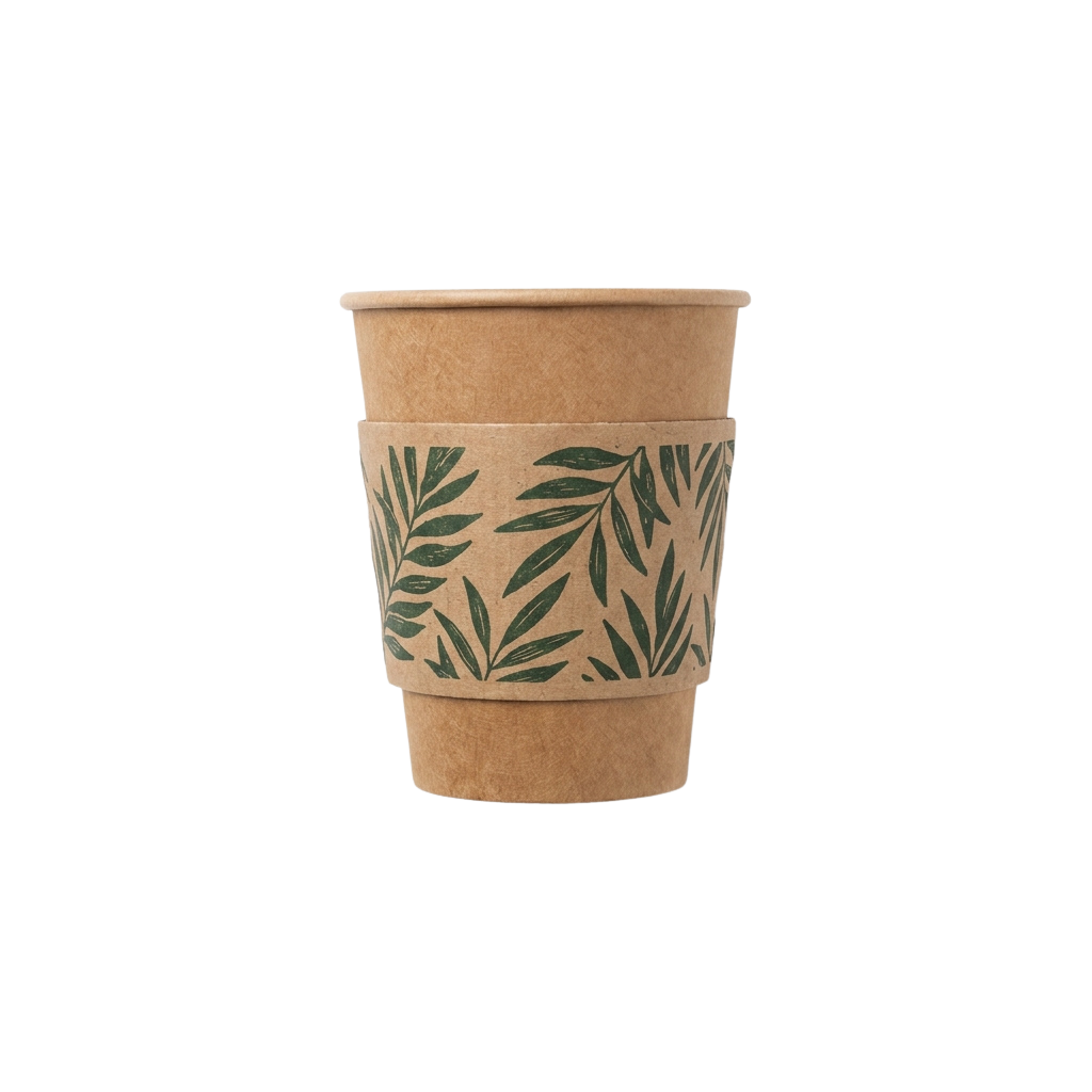 Brown paper cup with green leaf pattern sleeve
