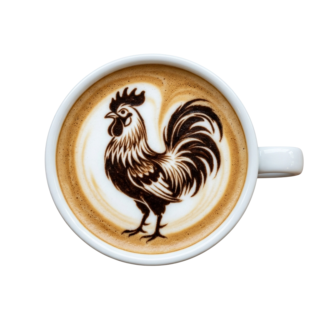 A white coffee cup with latte art depicting a rooster in black and brown tones