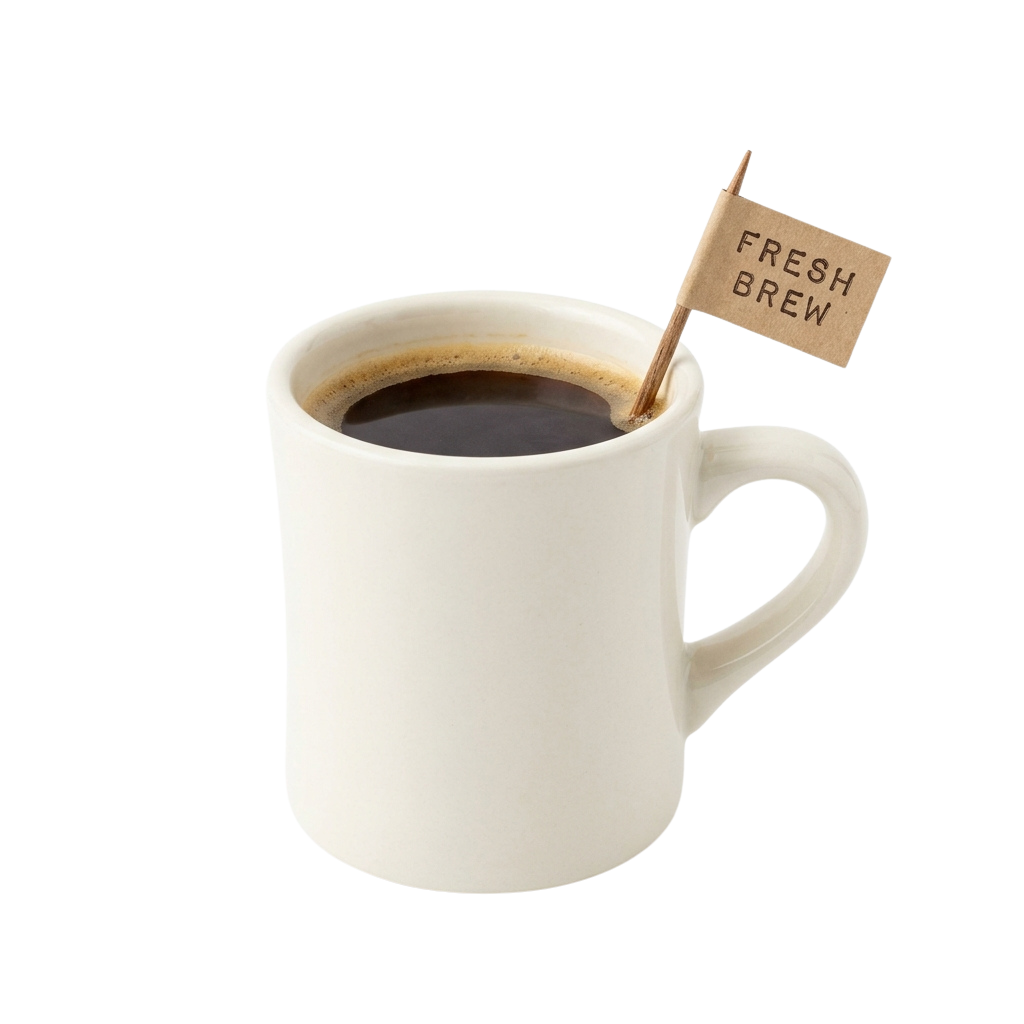 White ceramic mug filled with dark coffee, topped with a small wooden sign saying Fresh Brew
