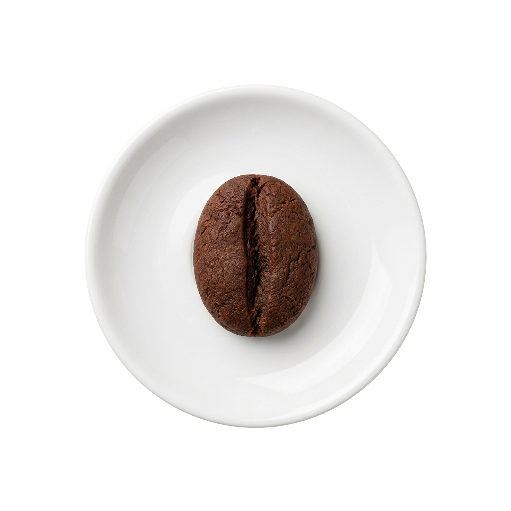 A single dark roasted coffee bean placed on a white circular saucer