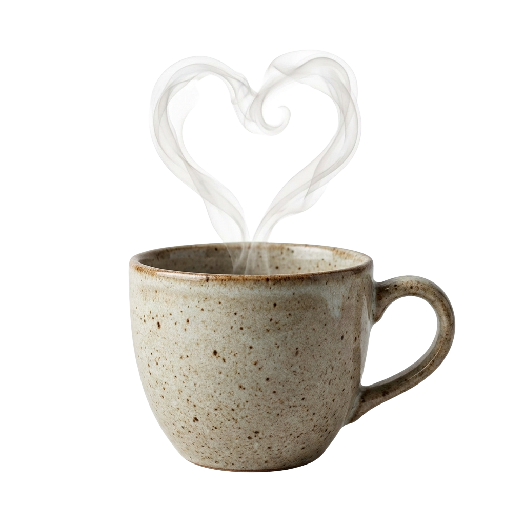 A ceramic mug emitting steam forming a heart shape against a dark background