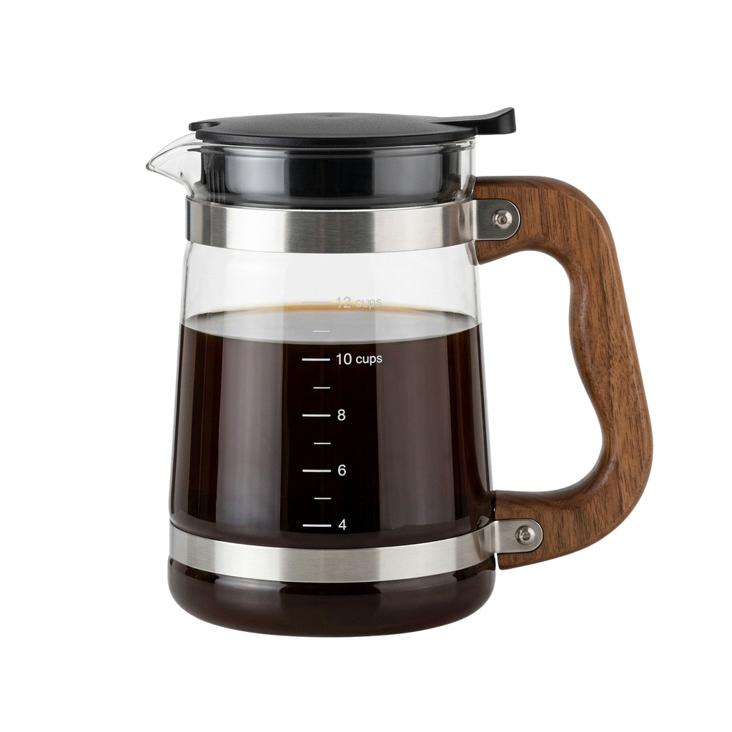 A clear glass carafe with a metal lid and wooden handle, containing a dark liquid, marked with cup measurements up to 10 cups.