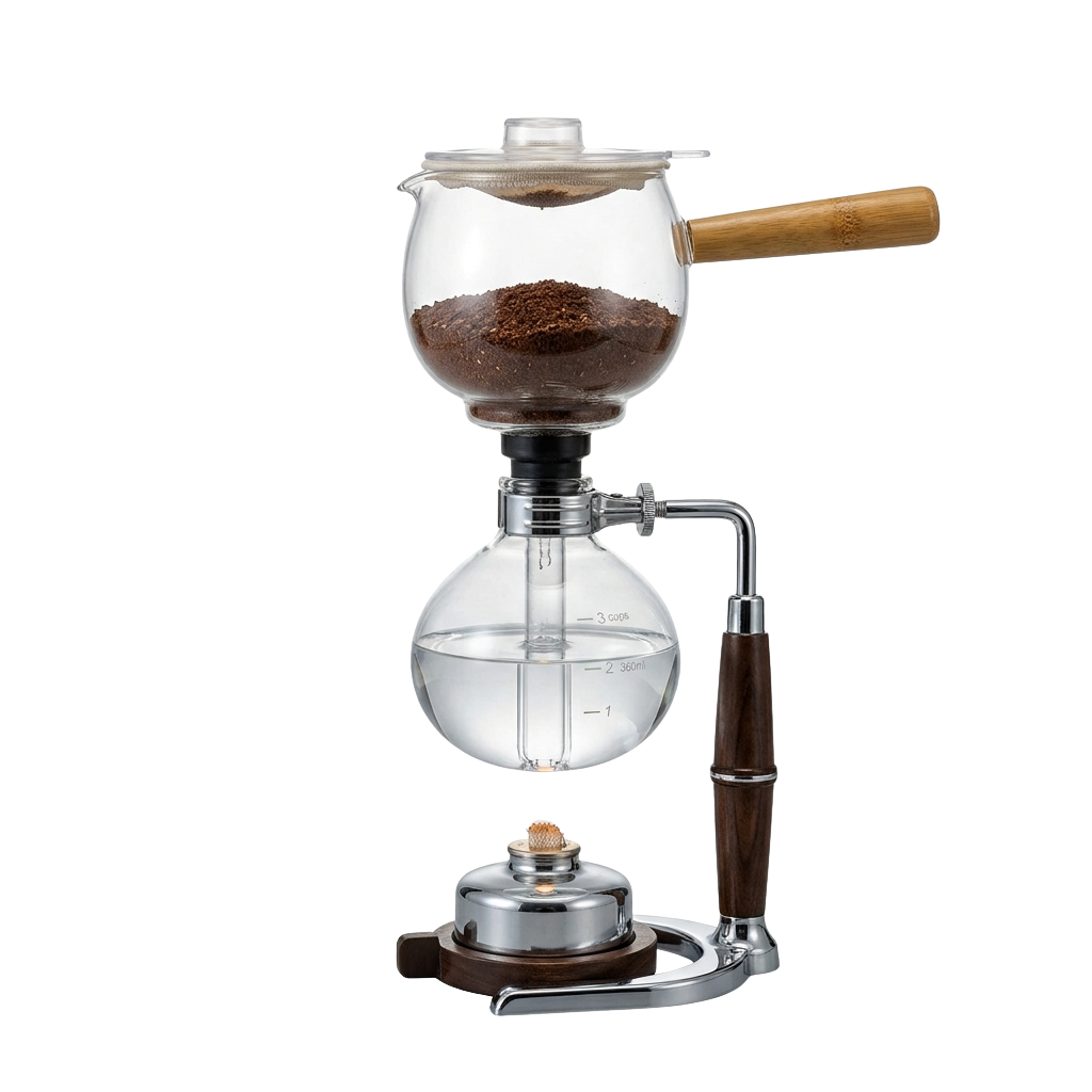 A glass pour-over coffee brewer filled with coffee grounds, featuring a wooden handle and metal stand.