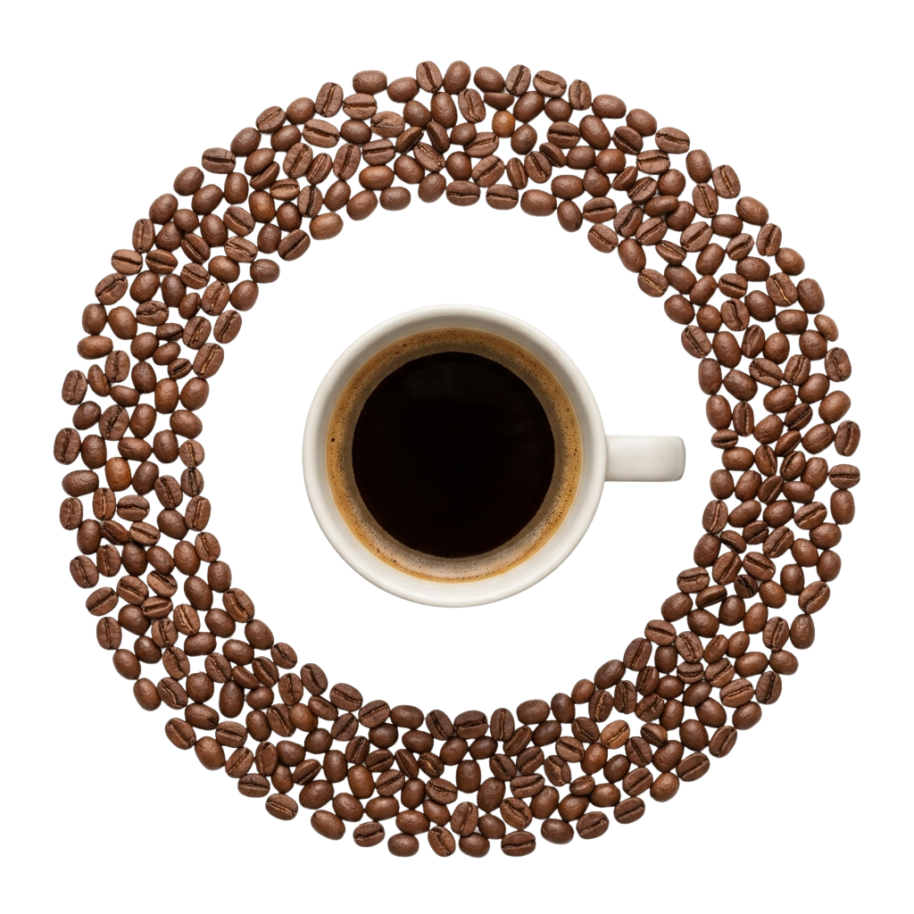 A white coffee cup filled with coffee centered in a circular arrangement of coffee beans