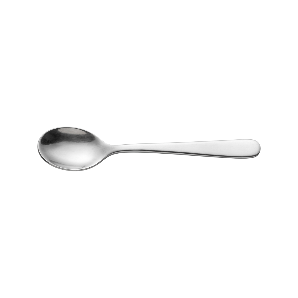 A polished silver spoon with a smooth bowl and textured handle against a black background