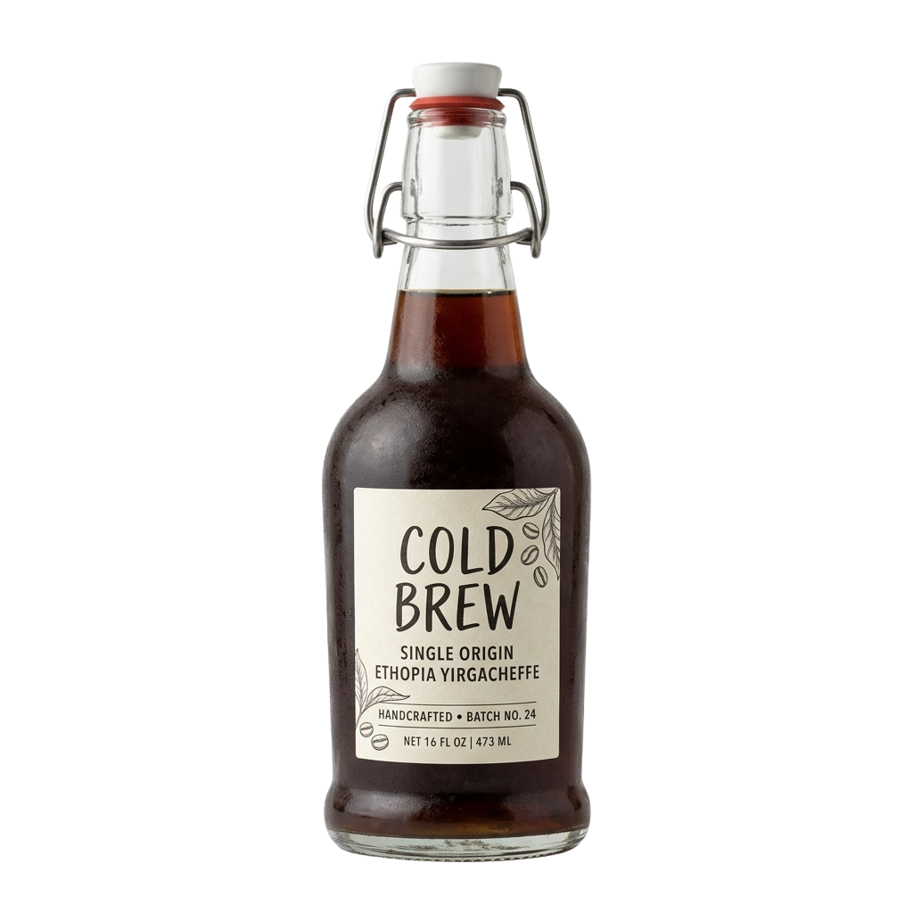 Brown glass bottle of cold brew coffee labeled Single Origin Ethiopia Yirgacheffe with a metal clasp top