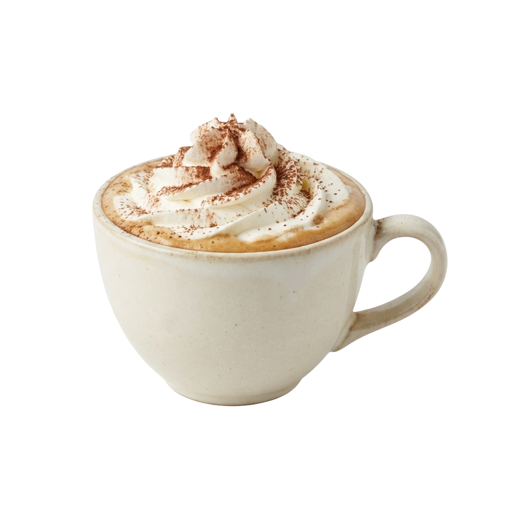 A white ceramic mug filled with a latte topped with whipped cream and cinnamon dusting