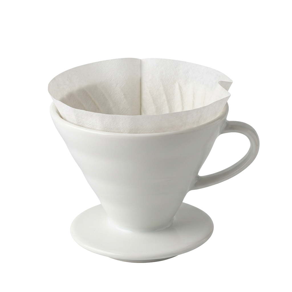 A white ceramic coffee cone filter with a white paper filter insert inside