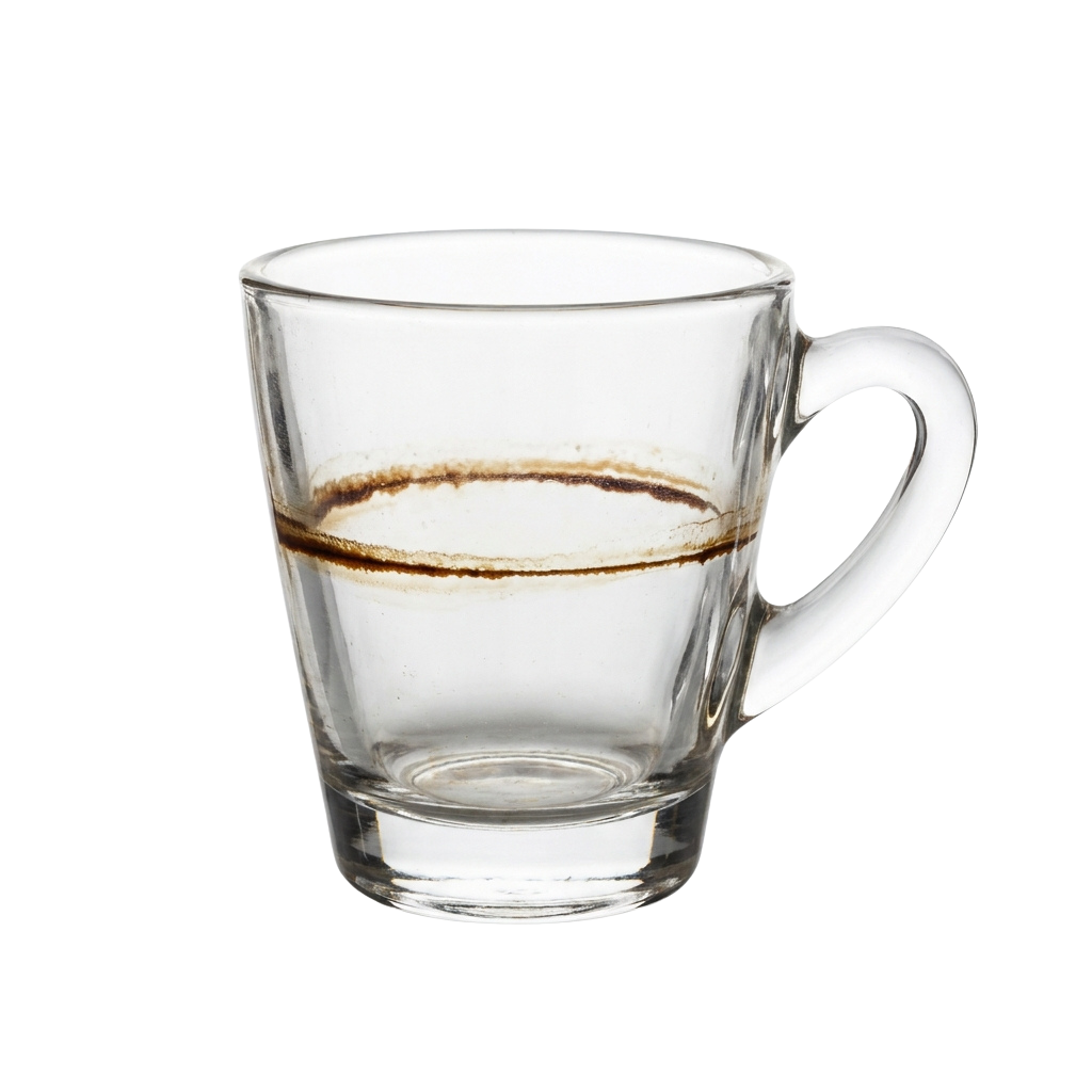 A clear glass mug with a handle showing a brown coffee stain near the rim