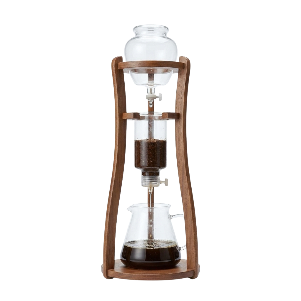 A siphon coffee brewer with a wooden stand, showing coffee brewing process with dark liquid in the lower chamber