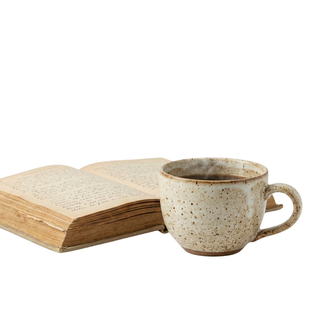 An open book resting beside a ceramic coffee mug with a speckled pattern and a handle