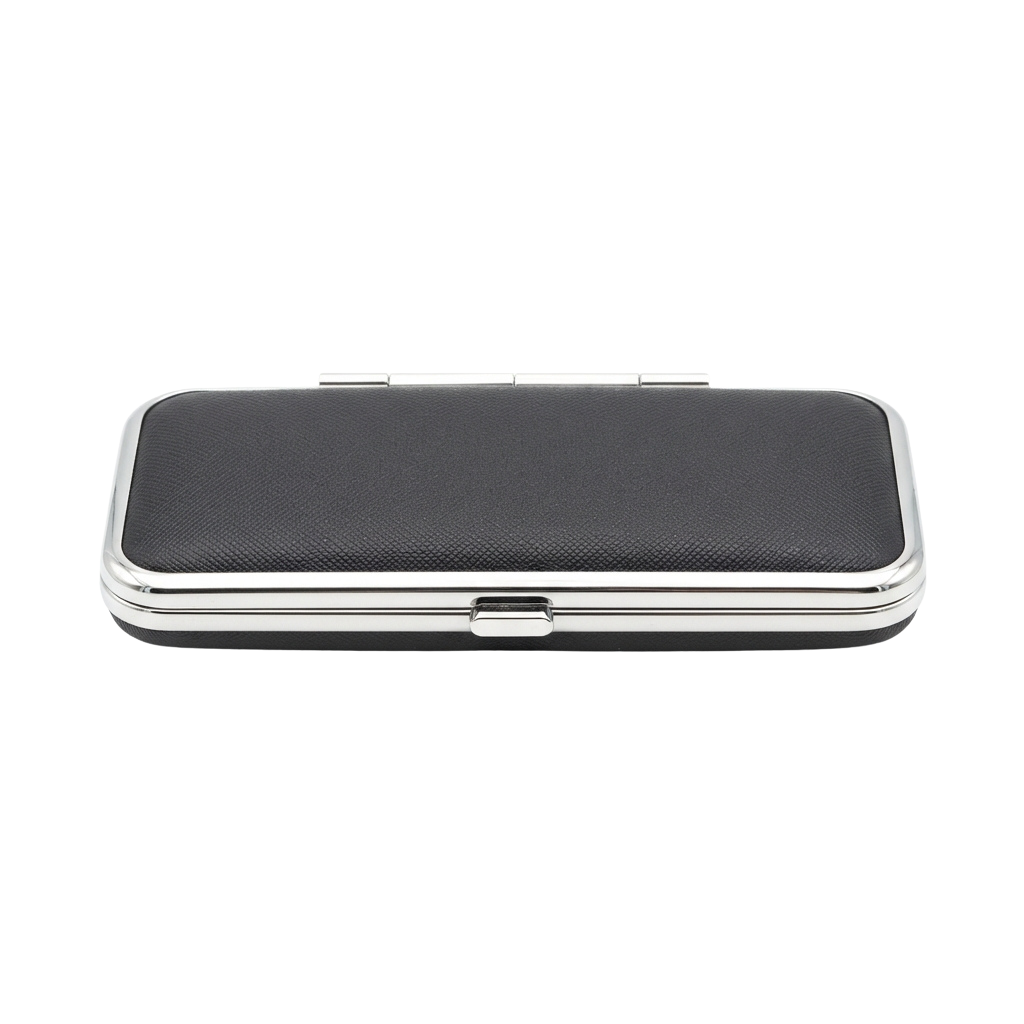 A closed, rectangular metal sleeve case with a textured gray interior and white trim edges.